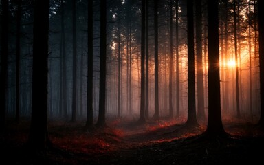 Obraz premium Abstract artistic background, creative cinematic photo of dark forest over sunset, mysterious scary picture