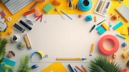 Obraz premium Prototype model on a bright white desk surrounded by drafting tools, leaving large areas for overlay text.