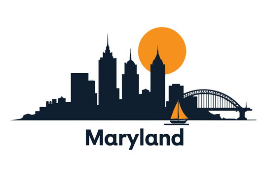 PrintBaltimore Maryland Skyline with Fort McHenry and Chesapeake Bay Bridge Vector Illustration