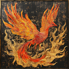 Fototapeta premium Phoenix Rising: A vibrant and intricately detailed painting depicting a majestic phoenix in flight, its fiery plumage blazing against a rich, black canvas.