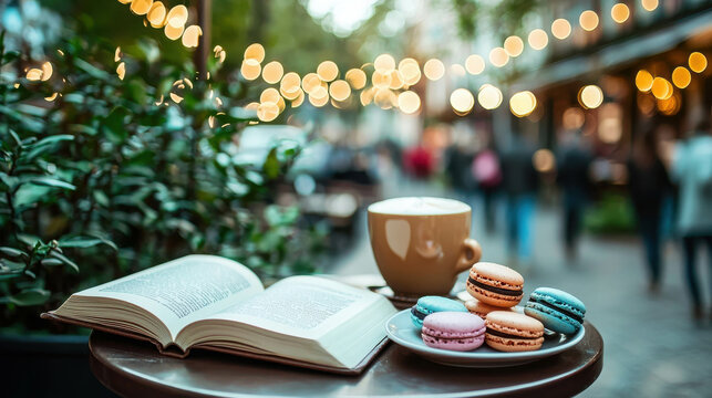 Cozy outdoor cafe scene with open book and colorful macarons on a sunny day