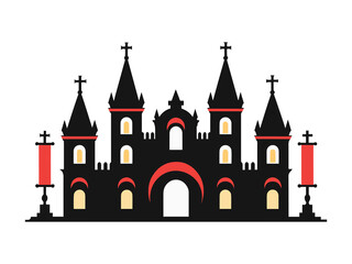 Obraz premium Castle Skyline with Red Banners and Light Accents Vector Illustration