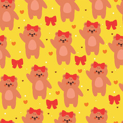 seamless pattern cartoon bear with big red bow. cute animal wallpaper for fabric print, gift wrap paper