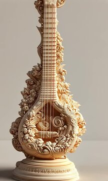 Intricately Carved Wooden Lute Sculpture, Ornate Floral and Faunal Details