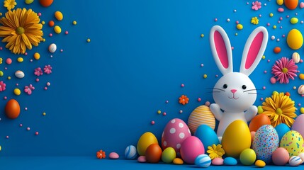 Blue background with a rabbit and many colorful eggs. The rabbit is standing in the middle of the eggs