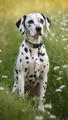 A lively Dalmatian standing gracefully in a green meadow dotted with delicate daisies, radiating charm and elegance