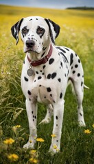 Beautiful spotted Dalmatian enjoying a sunny day in the park, surrounded by wildflowers and lush greenery