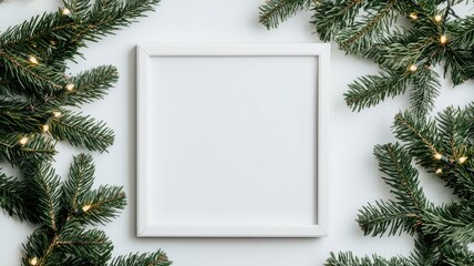 Festive Christmas Mockup White Frame with Fir Branches Fairy Lights