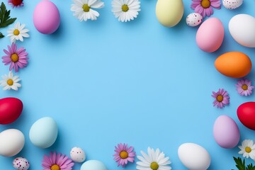 Blue background with a flowery border and a variety of colorful eggs. The eggs are scattered around the border, with some closer to the center and others further away. Scene is cheerful and playful