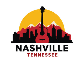 Nashville Tennessee Skyline with Guitar Silhouette and Great Smoky Mountains