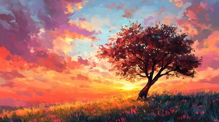 Fototapeta premium Vibrant Sunset Landscape Painting Solitary Tree in Field of Flowers