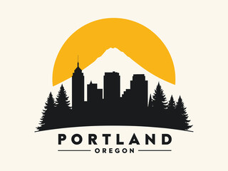 Portland Oregon Skyline with Mount Hood and Evergreen Trees