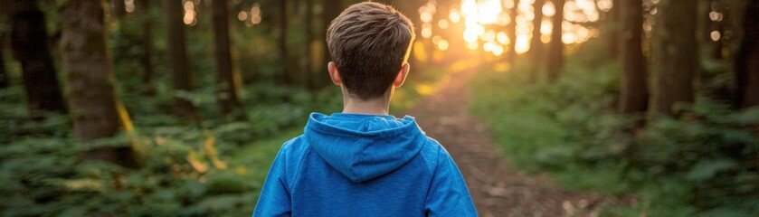 Teenager walking on a forest path at sunset young boy in blue hoodie enjoying nature
