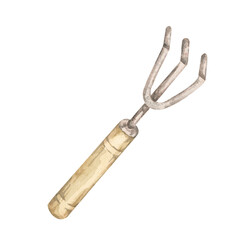 A hand cultivator with a wooden handle. Gardening fork tool watercolor illustration. Ideal for gardening-themed patterns, outdoor tool designs, or rustic decor for print and digital projects