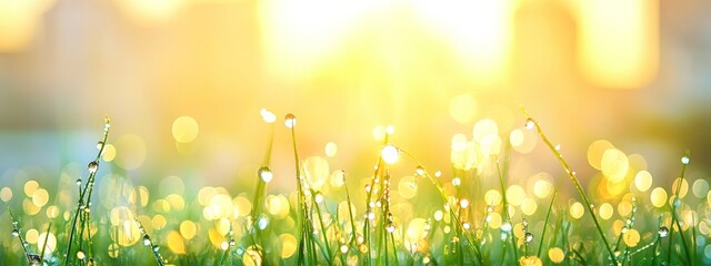 Obraz premium Beautiful Green Grass with Dew Drops, Sunlight Shining Through Trees onto a Large Lawn in Front of an Office Building, Highlighting Urban Green Spaces and Sustainability.