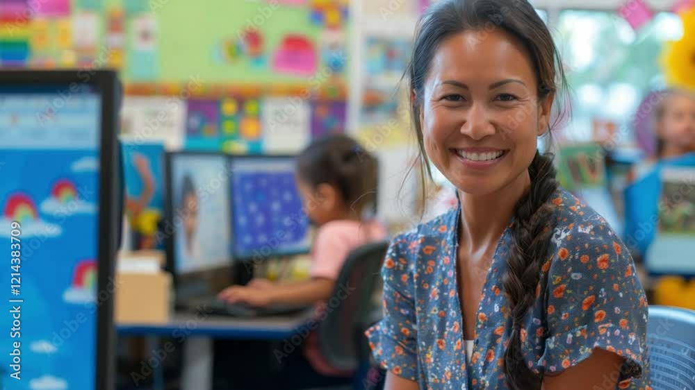 Poster this smiling teacher interacts with her students in a colorful and lively classroom environment.