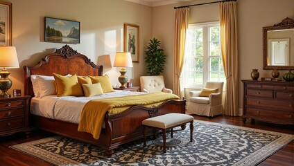 Obraz premium A cozy bedroom scene captures a pristine bed adorned with crisp white sheets, fluffy pillows, and a vibrant yellow blanket. Two yellow pillows frame each side, creating an inviting, balanced look in t