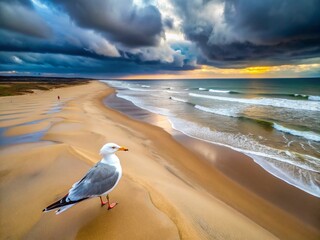 Fototapeta premium Lonely Seagull on Winter Beach: Drone Aerial View