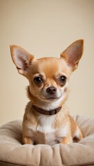 Obraz premium A tiny Chihuahua resting on a cozy beige couch, radiating comfort and charm in a homey setting. Perfect for indoor pet lifestyle themes