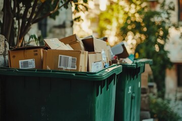 Obraz premium Overflowing cardboard boxes in green bins highlight urban waste management challenges in modern society.