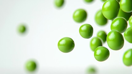Bunch of green peas are floating in the air. The peas are all different sizes and are scattered throughout the image. Scene is light and playful, as if the peas are dancing or floating in the air