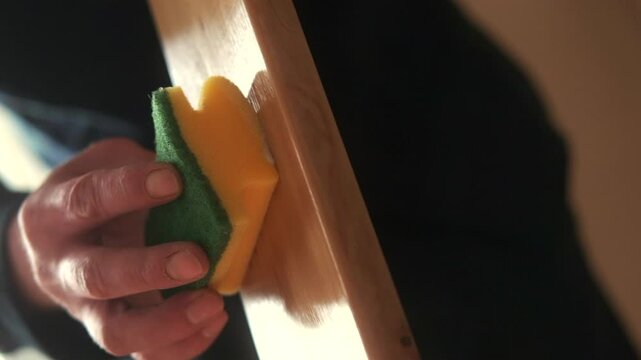 A carpenter applies varnish to a wooden detail using a sponge, ensuring a smooth and polished finish. The process highlights craftsmanship and attention to detail in woodworking