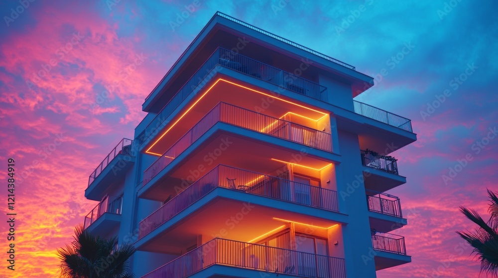 Poster beneath a stunning sunset, sleek modern buildings bask in warm light. colorful hues paint the sky wh