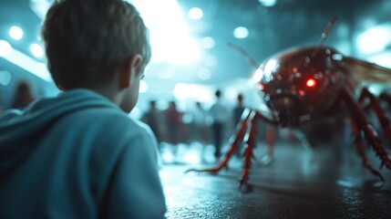 A young boy looks up at a frightening red robot insect in a crowded indoor scene, capturing the essence of childhood imagination mixed with elements of fear and curiosity.