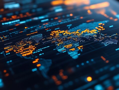 Global network data visualized as a world map on a digital screen. - Powered by Adobe