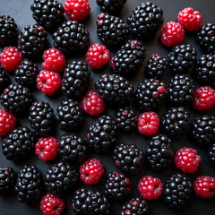 Background from fresh Blackberries, close up. Lot of ripe juicy wild fruit raw berries lying on the table