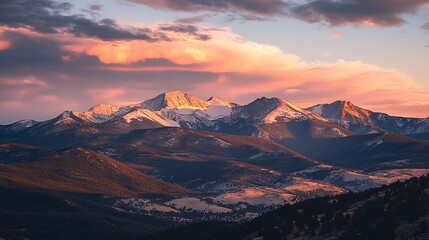 Majestic mountain range sunset panorama, scenic landscape, golden hour light, rocky peaks, travel destination, ideal for travel brochures