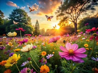 Fototapeta premium Long Exposure: Vibrant Flowers & Insects in a Sunlit Park