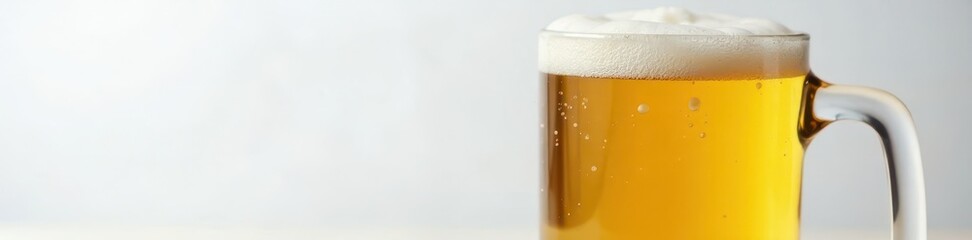 Close-up of foamy beer in a mug on white surface, close-up, foam, beer