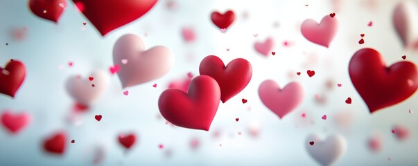 Floating red and pink hearts drifting across soft blue backdrop, symbolizing romantic love and Valentine's Day sentiments