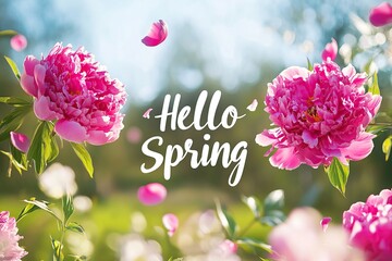Inscription of Hello Spring with beautiful peony flowers on blurred nature background