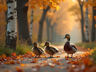 Ducks walk autumn forest path, leaves background. Nature wildlife photo
