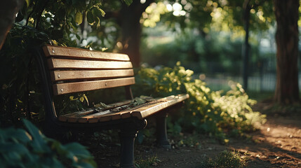 Naklejka premium Sunlight filters through trees onto a wooden park bench in a serene outdoor setting