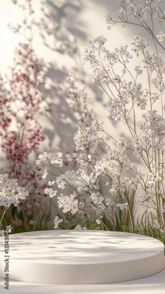 Poster graceful white spring blooms elegantly frame a simple white podium, casting gentle shadows on a soft