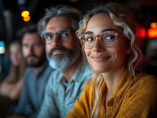 Happy diverse group of friends watching a movie.