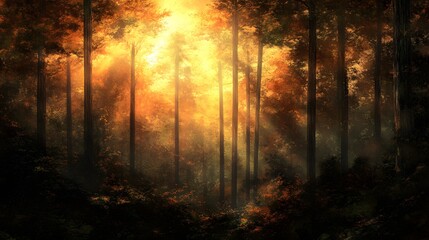 Fototapeta premium Golden Autumn Forest Sunlight