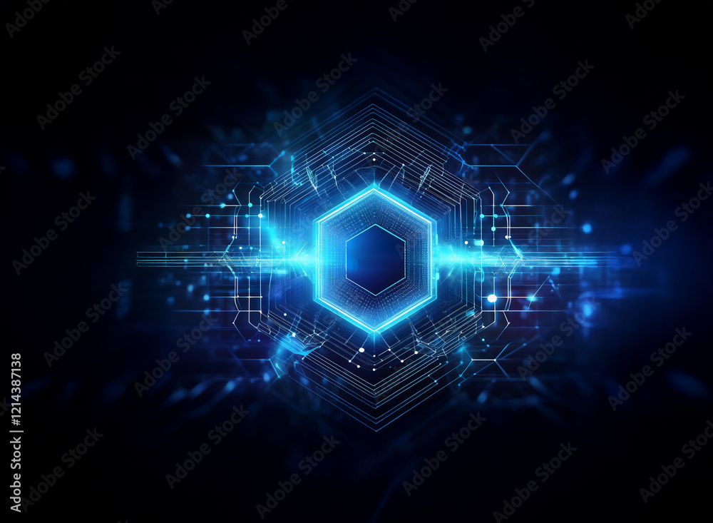 Aufkleber Glowing blue hexagon at the center of a dark, technological circuit board design.  Abstract digital energy pulses outward. Futuristic and high-tech aesthetic.