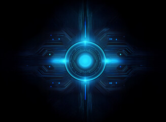 Abstract digital art featuring a glowing blue circular core, surrounded by intricate dark blue technological circuitry.  The design is symmetrical and evokes a sense of futuristic technology.