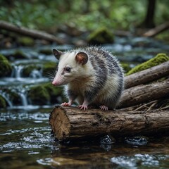 A small opossum sitting on a log by a crystal-clear forest stream.