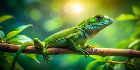 Fototapeta premium Long Exposure Photo of a Lizard on a Branch in a Lush Green Room