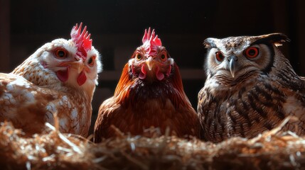 Naklejka premium An enchanting image presenting three beautifully colored birds amid rustic hay, portraying their close bond and the warmth of their natural habitat in a cozy setting.