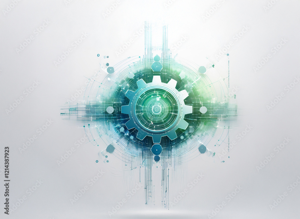 Aufkleber Abstract digital gear mechanism. Teal and green hues depict technological advancement and intricate engineering.  Clean lines and soft gradients create a sense of precision and efficiency.