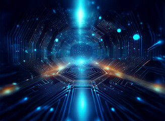 Abstract digital art depicting a futuristic, glowing, hexagonal tunnel.  The scene is filled with vibrant blue and orange light, suggesting technology and connectivity.