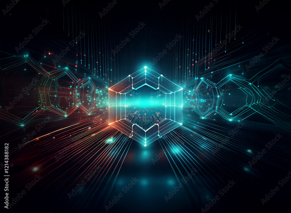 Poster Glowing geometric cube at center, surrounded by vibrant, interconnected lines and particles.  A futuristic, digital landscape with a cool and warm color palette.