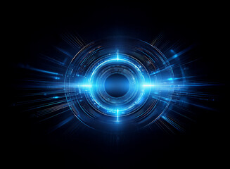 Abstract digital art depicting a glowing blue circular mechanism, radiating light and energy against a black background.  The concentric rings suggest technological advancement.
