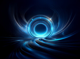 Glowing blue circular portal within swirling dark energy, creating a futuristic, abstract scene.  The light emanates from the center, illuminating the surrounding dark space.